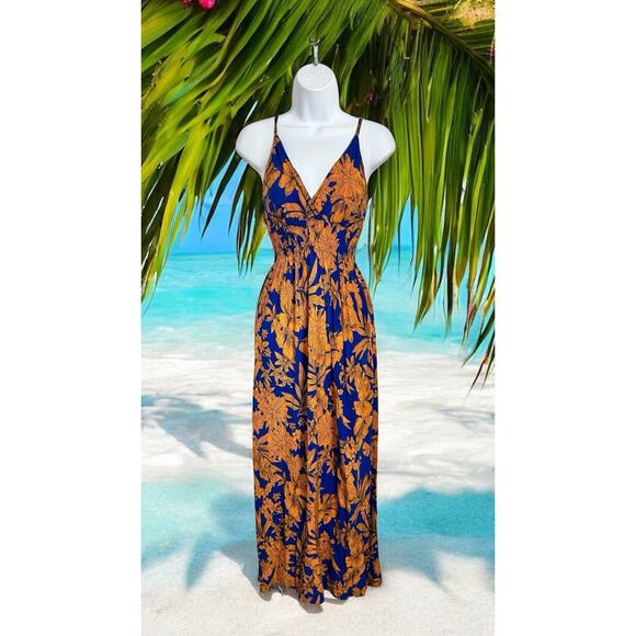 Tropical Maxi Dress Sz Small V-Neck Blue Orange Sleeveless Smocked Long Sundress - Picture 1 of 6